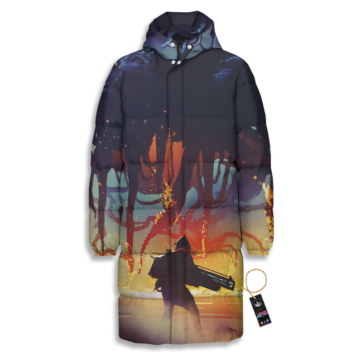 Girl Fight With Alien Octopus Monster Print Long Down Jacket