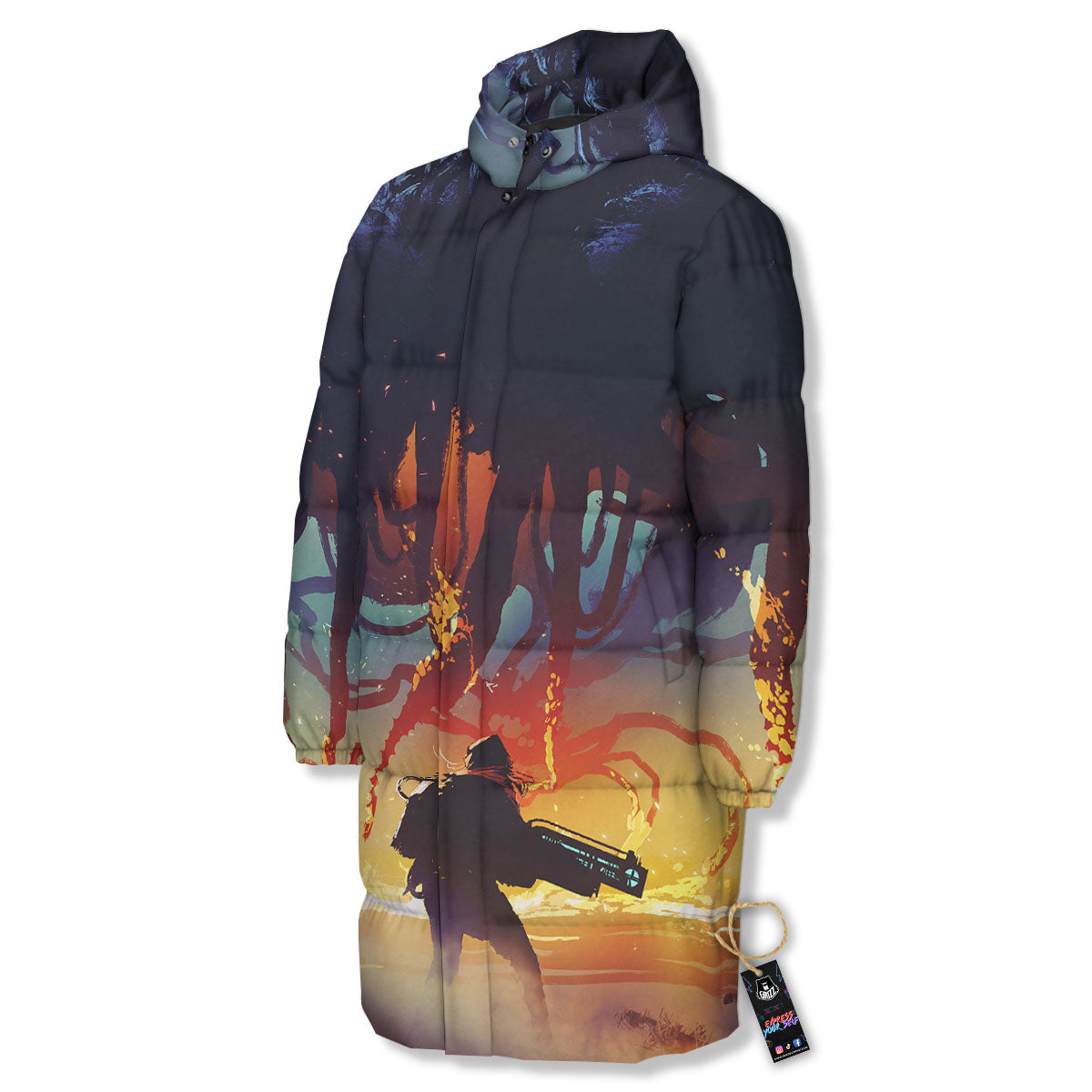 Girl Fight With Alien Octopus Monster Print Long Down Jacket