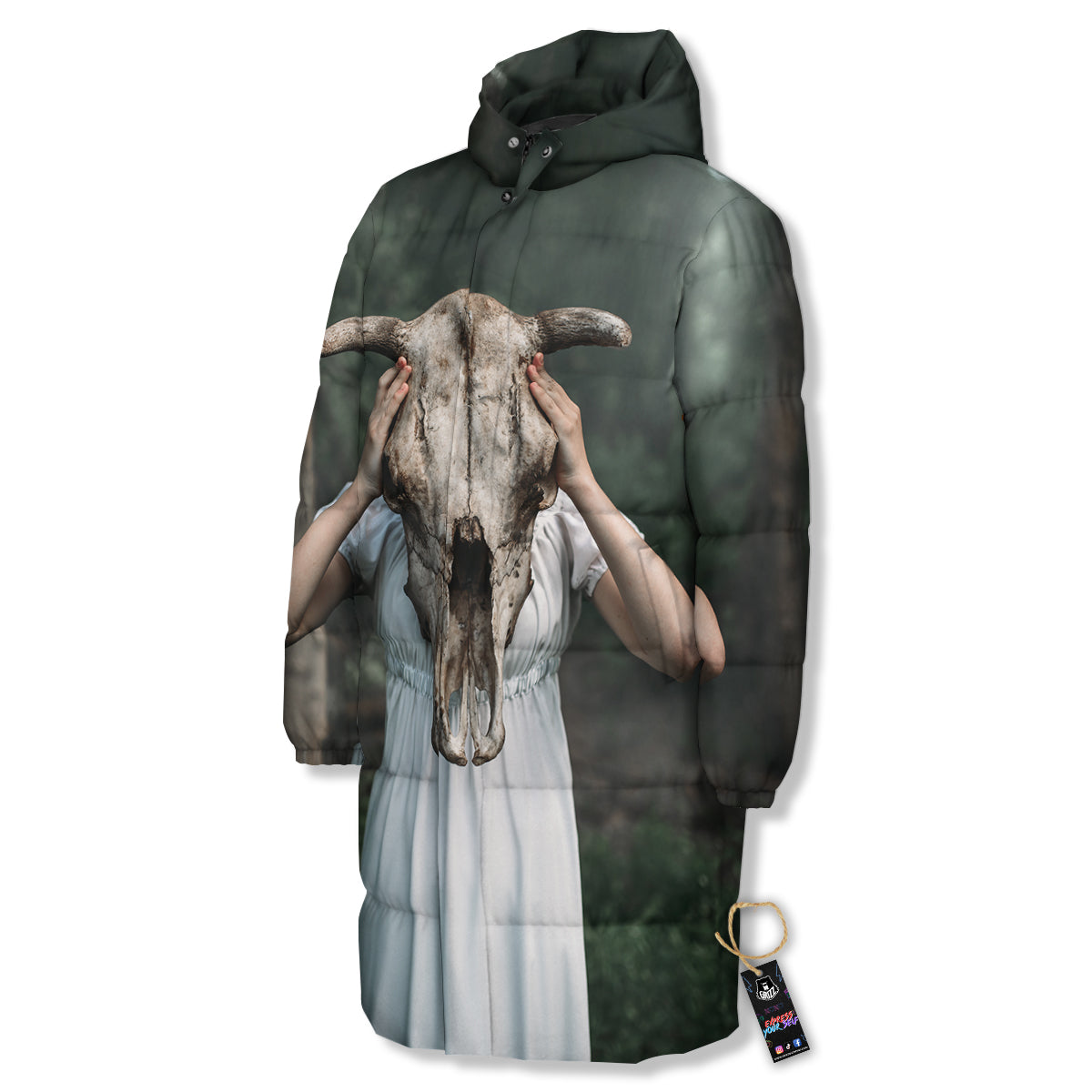 Girl With Animal Skull Print Long Down Jacket