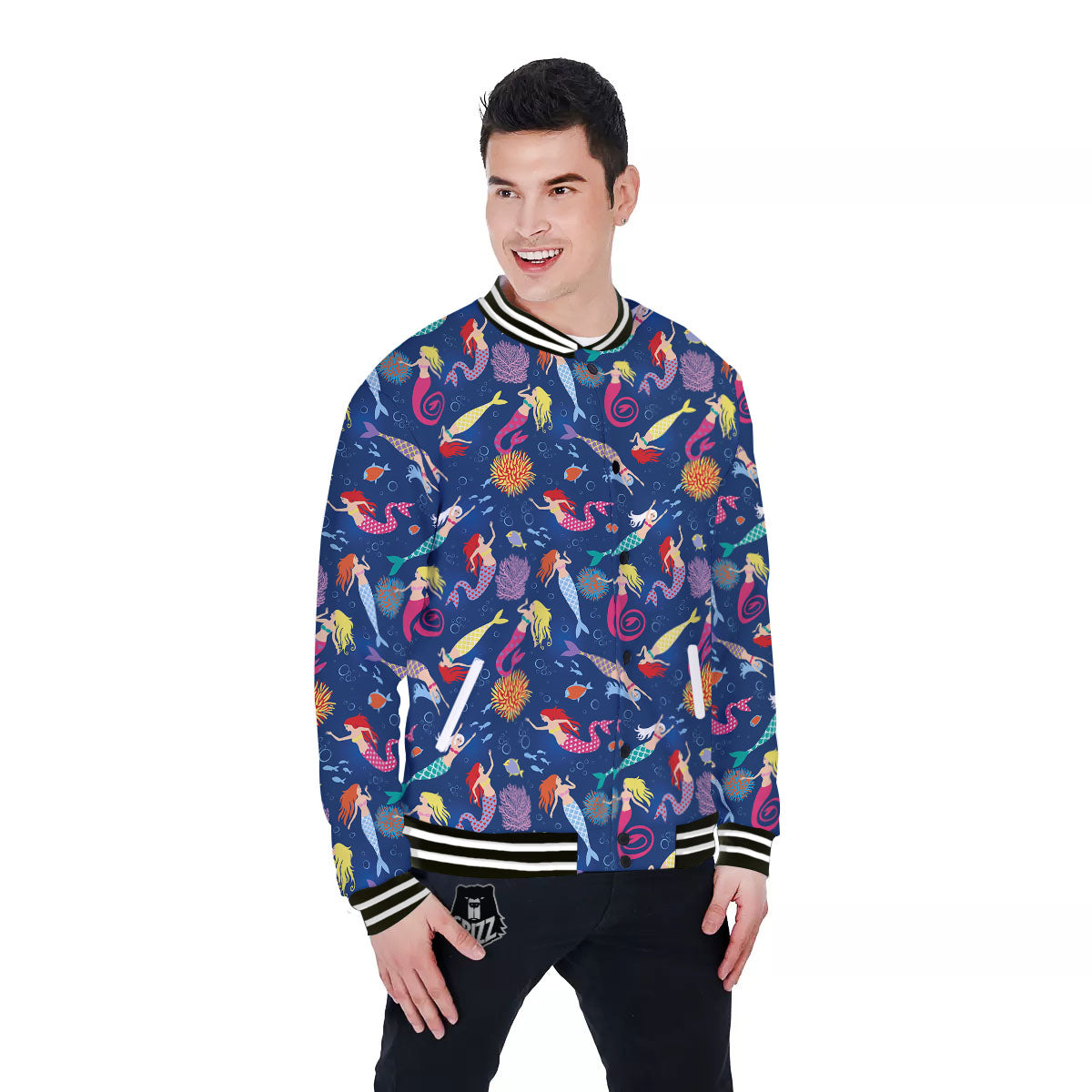 Girls Mermaid Print Pattern Baseball Jacket-grizzshop