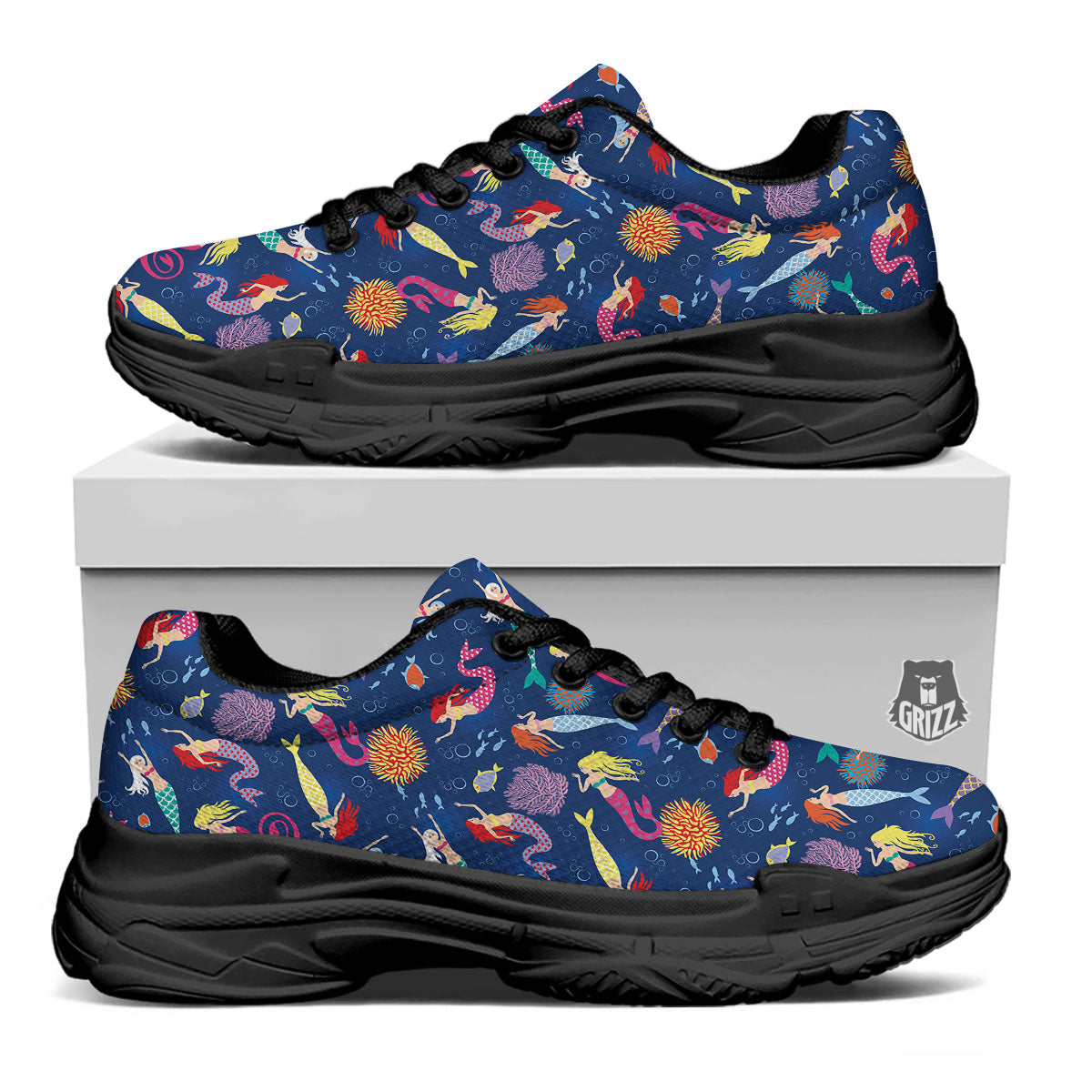 Girls Mermaid Print Pattern Black Chunky Shoes-grizzshop