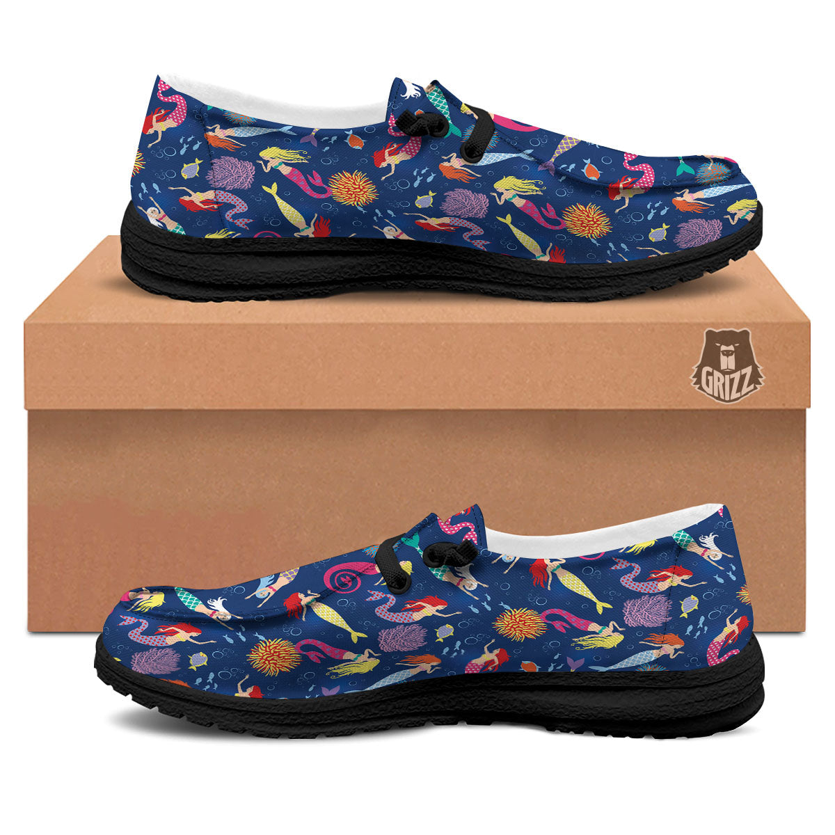 Girls Mermaid Print Pattern Black Loafers-grizzshop