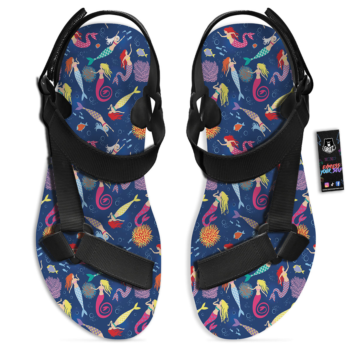 Girls Mermaid Print Pattern Black Open Toe Sandals-grizzshop