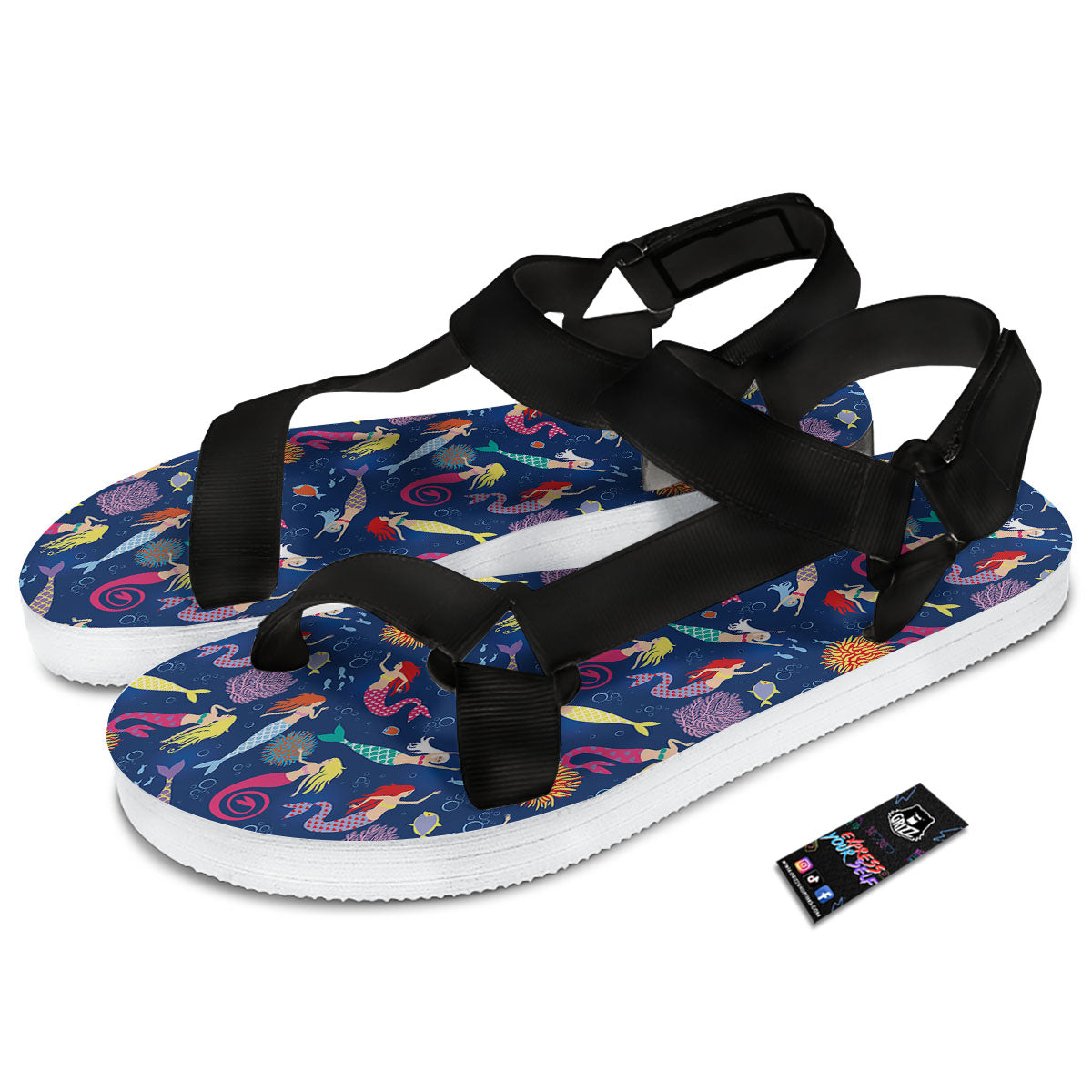 Girls Mermaid Print Pattern Black Open Toe Sandals-grizzshop
