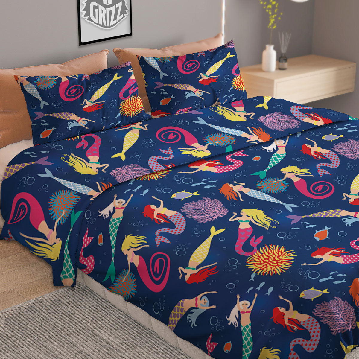 Girls Mermaid Print Pattern Duvet Cover Bedding Set