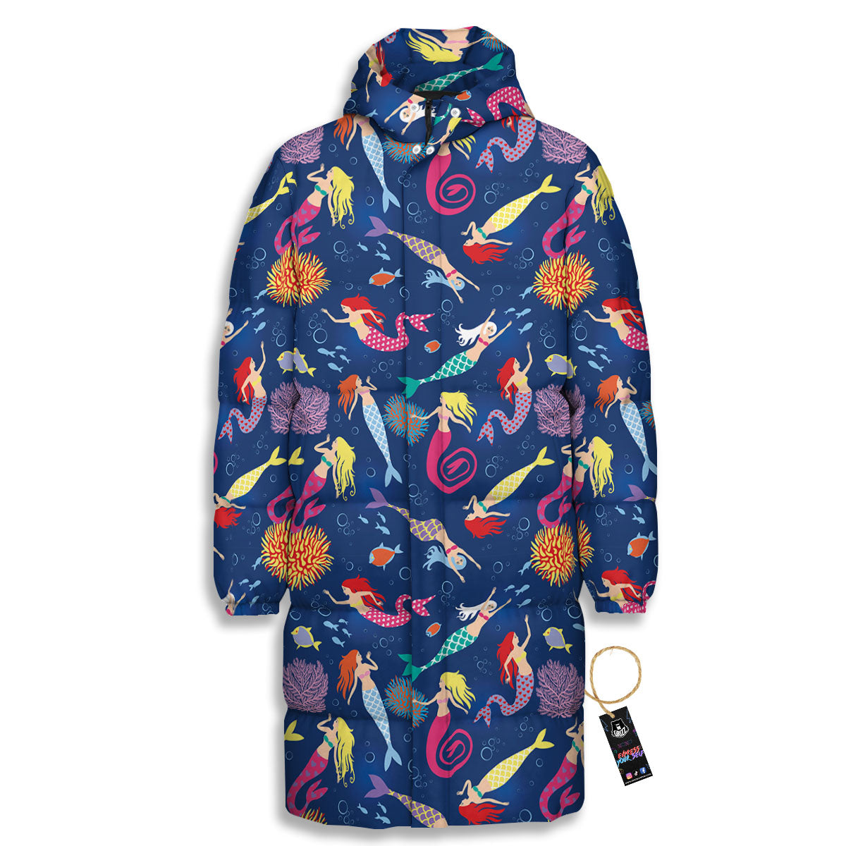 Girls Mermaid Print Pattern Long Down Jacket-grizzshop