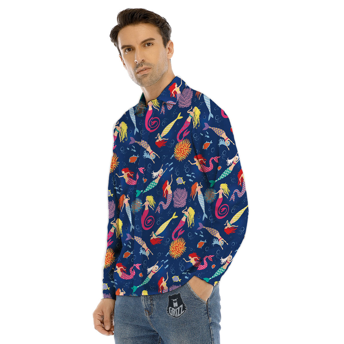 Girls Mermaid Print Pattern Men's Dress Shirts-grizzshop