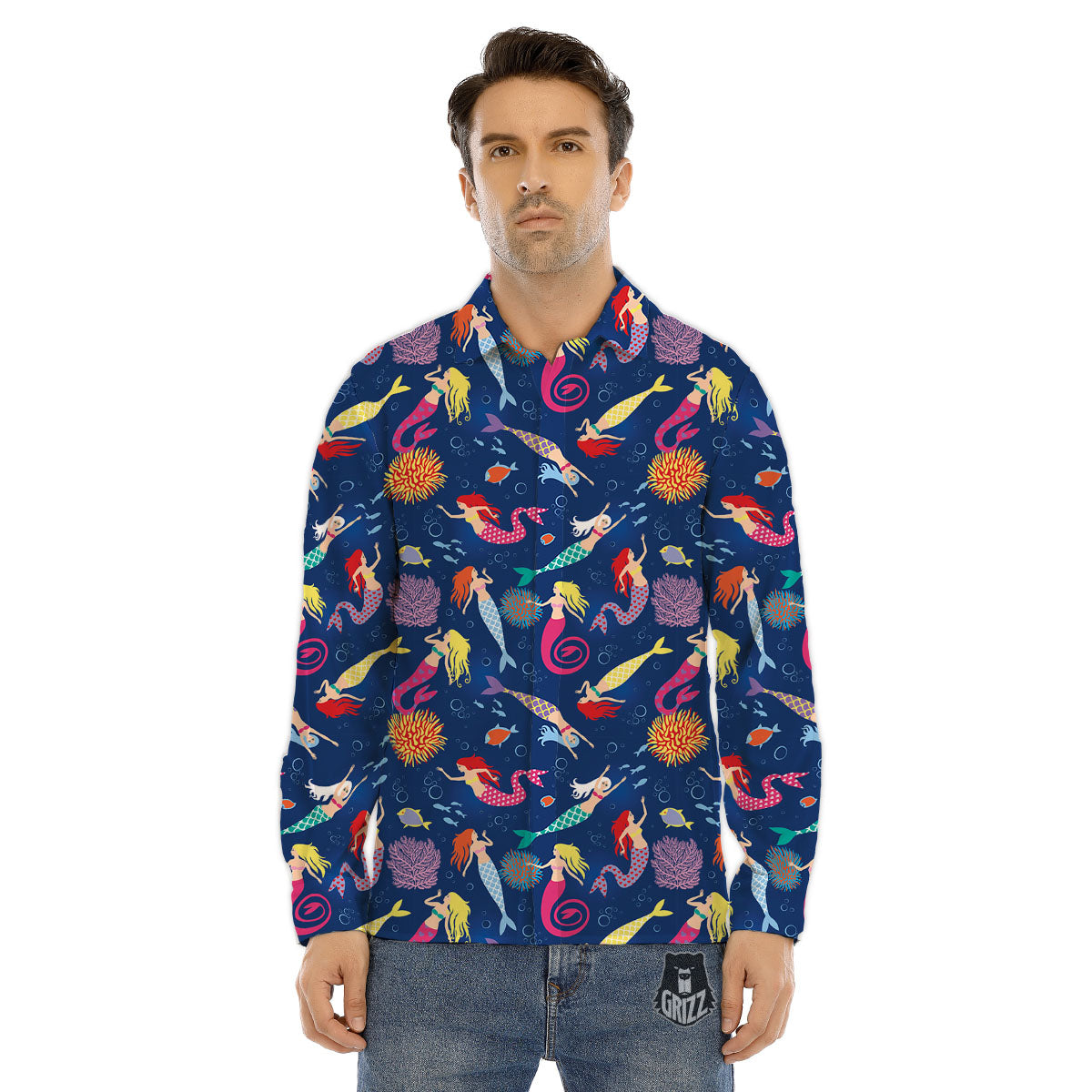 Girls Mermaid Print Pattern Men's Dress Shirts-grizzshop
