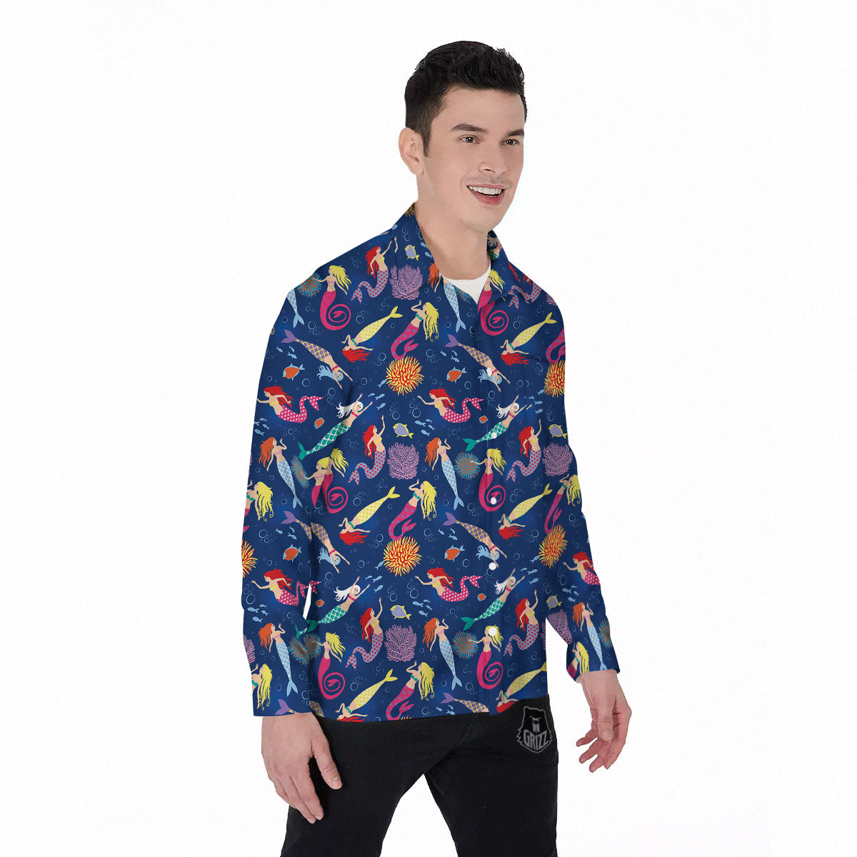 Girls Mermaid Print Pattern Men's Long Sleeve Shirts-grizzshop