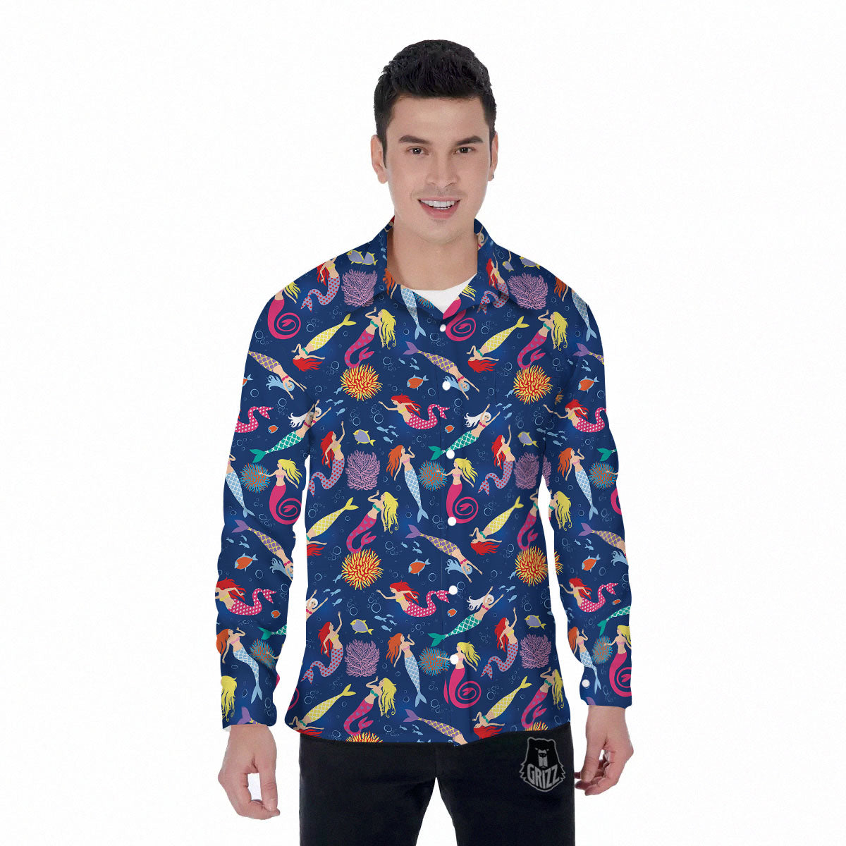 Girls Mermaid Print Pattern Men's Long Sleeve Shirts-grizzshop