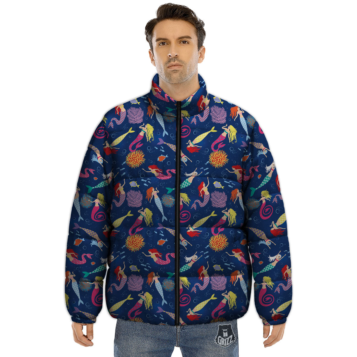 Girls Mermaid Print Pattern Puffer Jacket-grizzshop