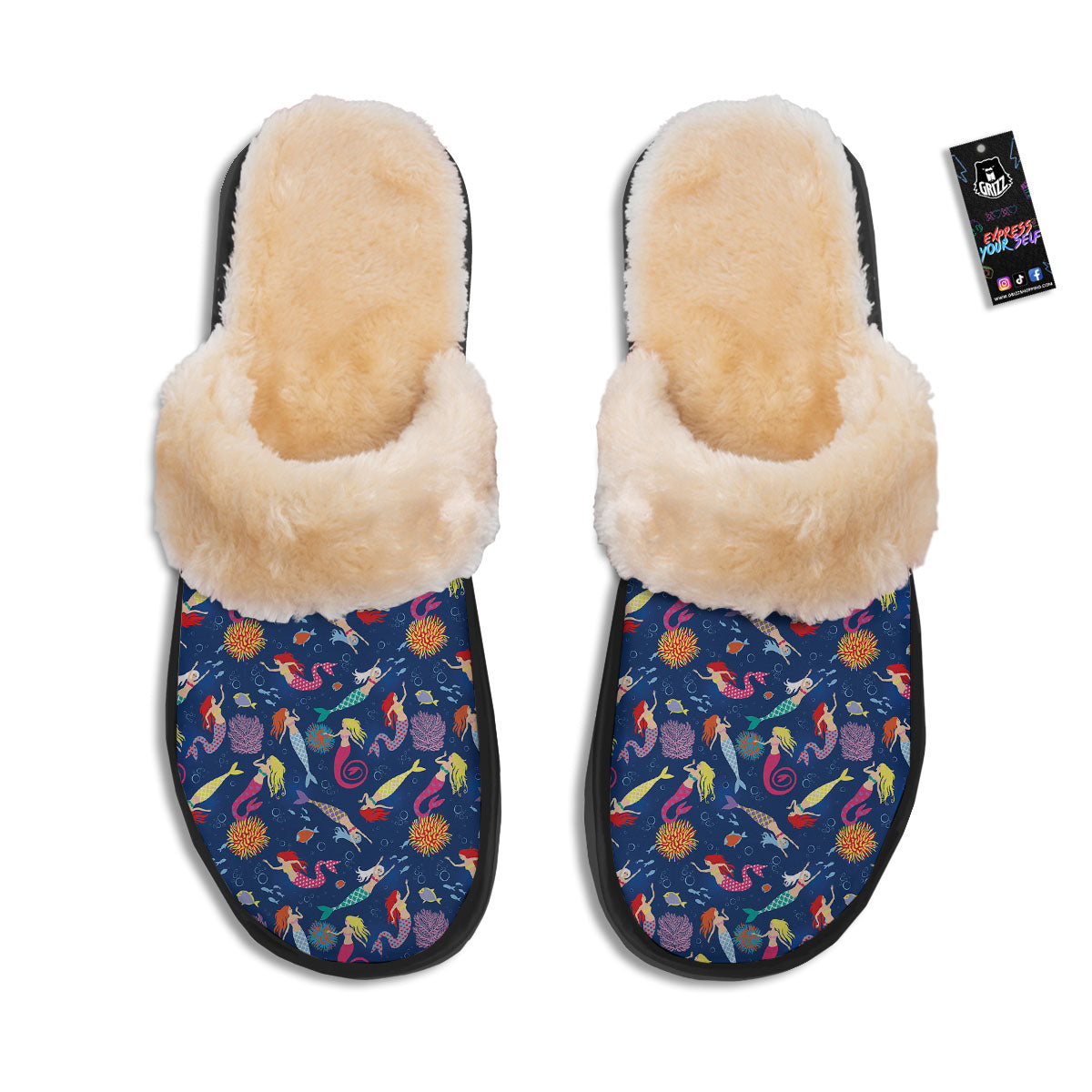 Girls Mermaid Print Pattern Slippers-grizzshop
