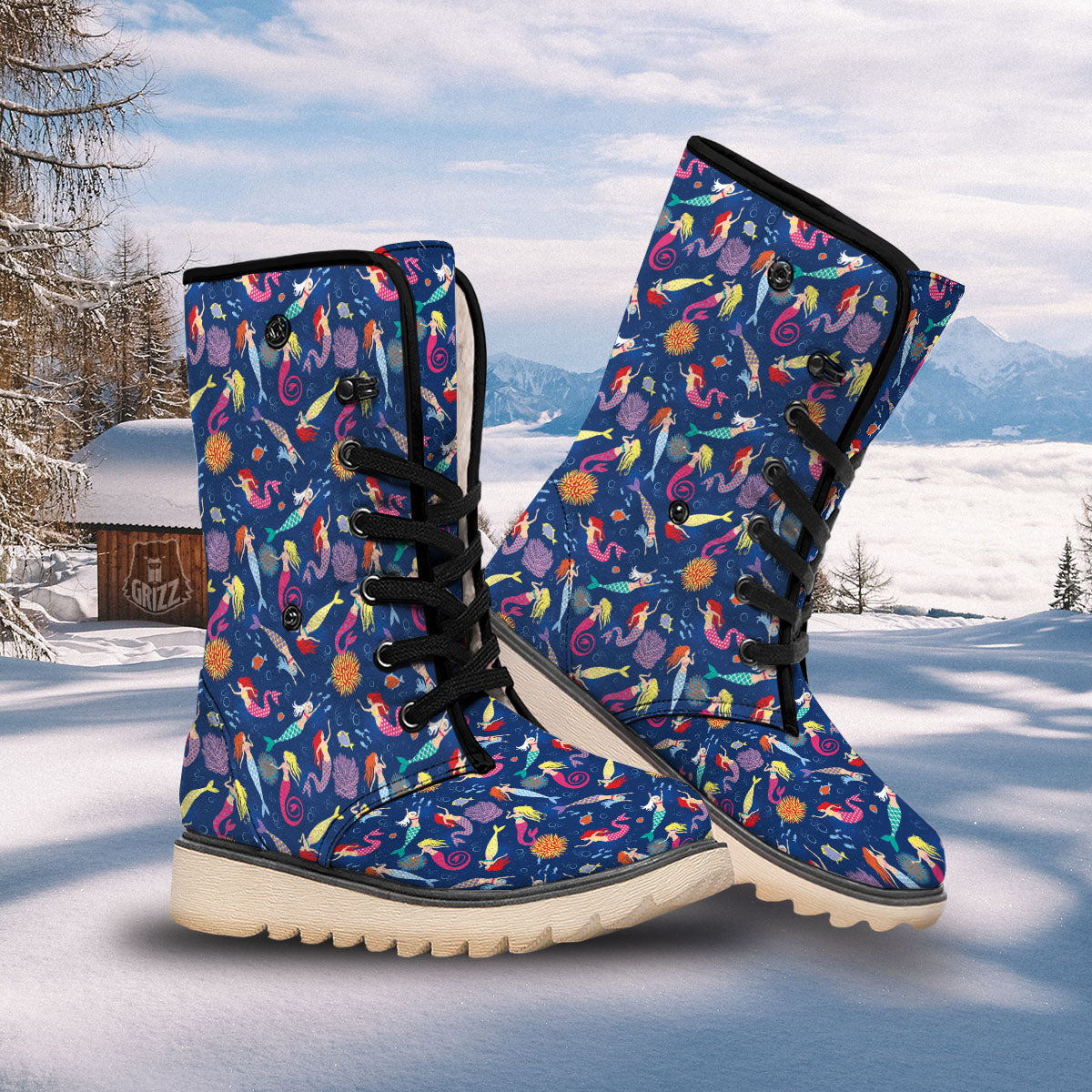 Girls Mermaid Print Pattern Snow Boots-grizzshop