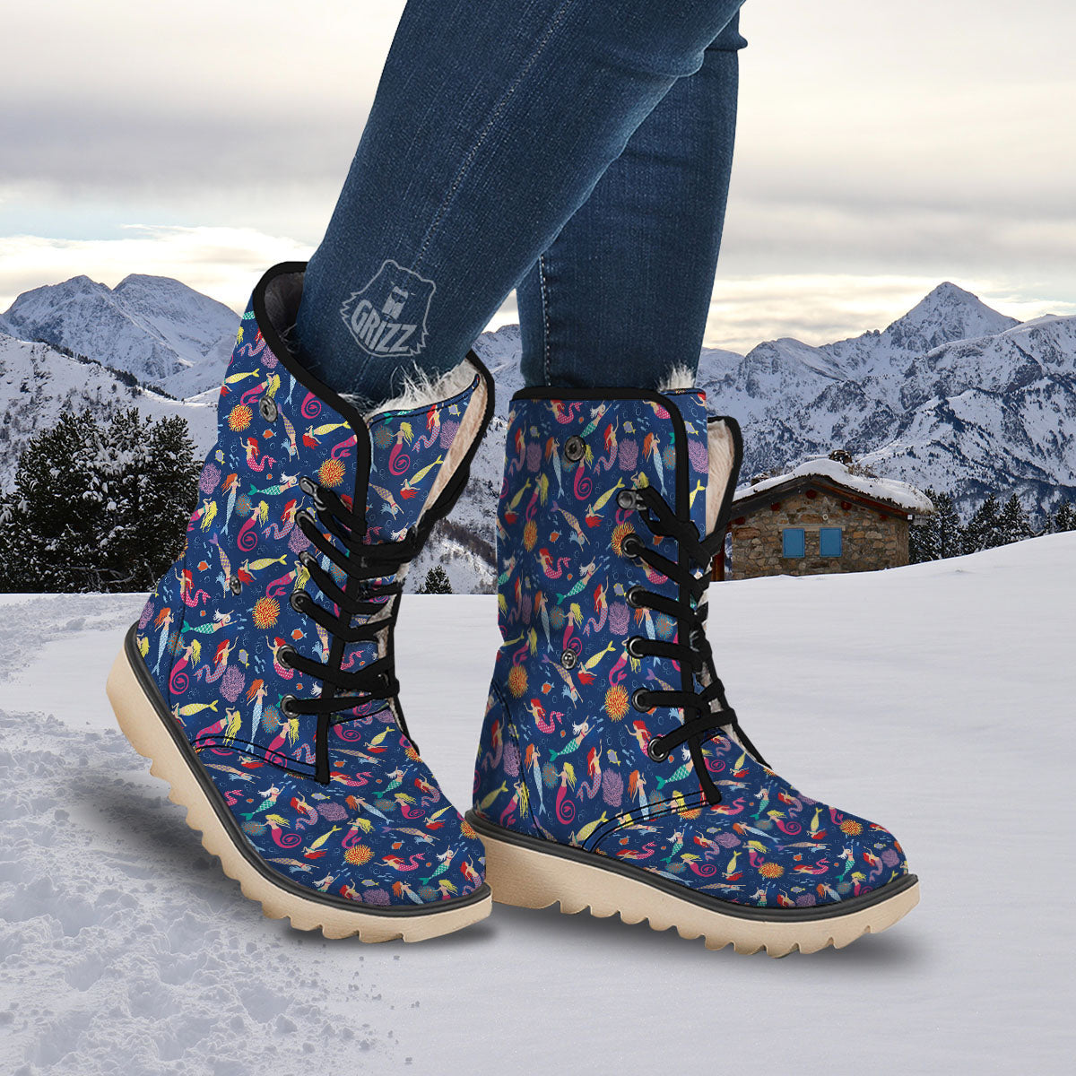 Girls Mermaid Print Pattern Snow Boots-grizzshop