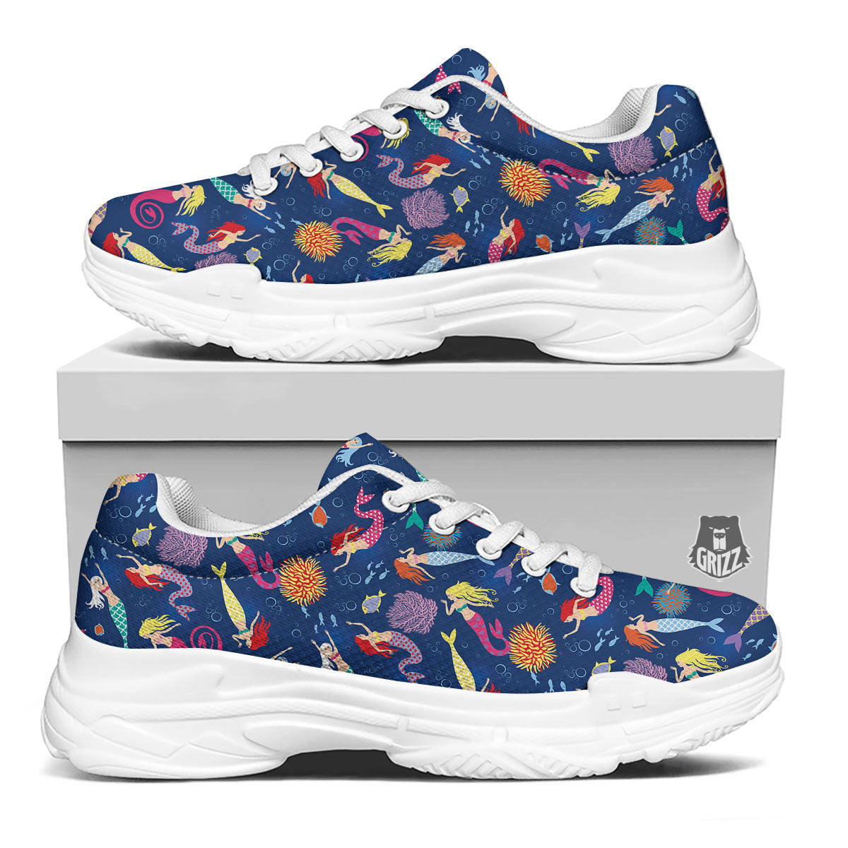 Girls Mermaid Print Pattern White Chunky Shoes-grizzshop