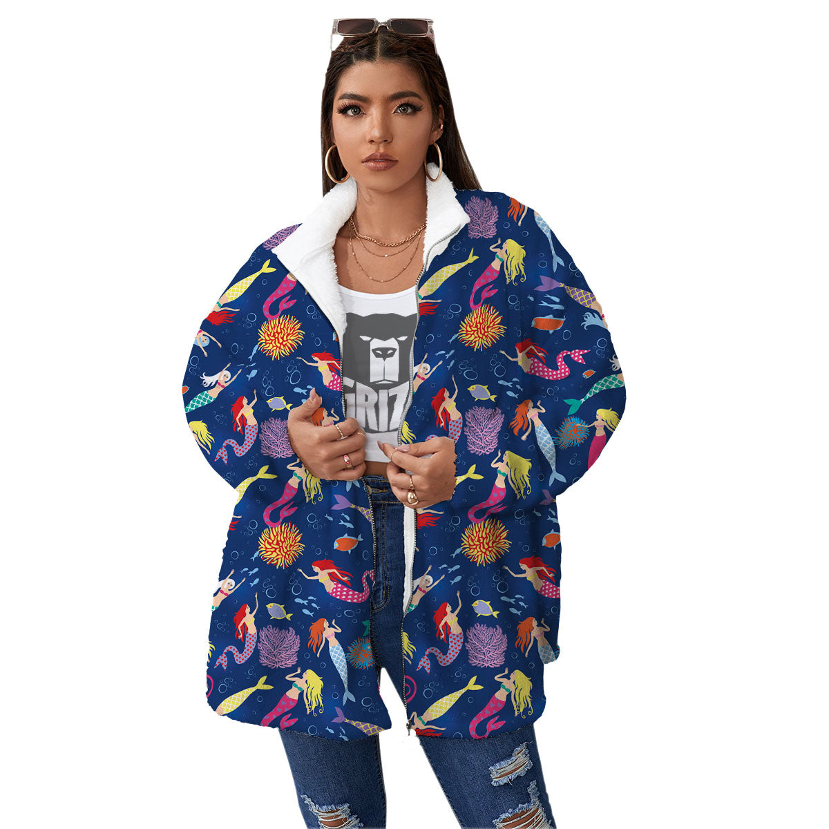 Girls Mermaid Print Pattern Women's Sherpa Jacket-grizzshop