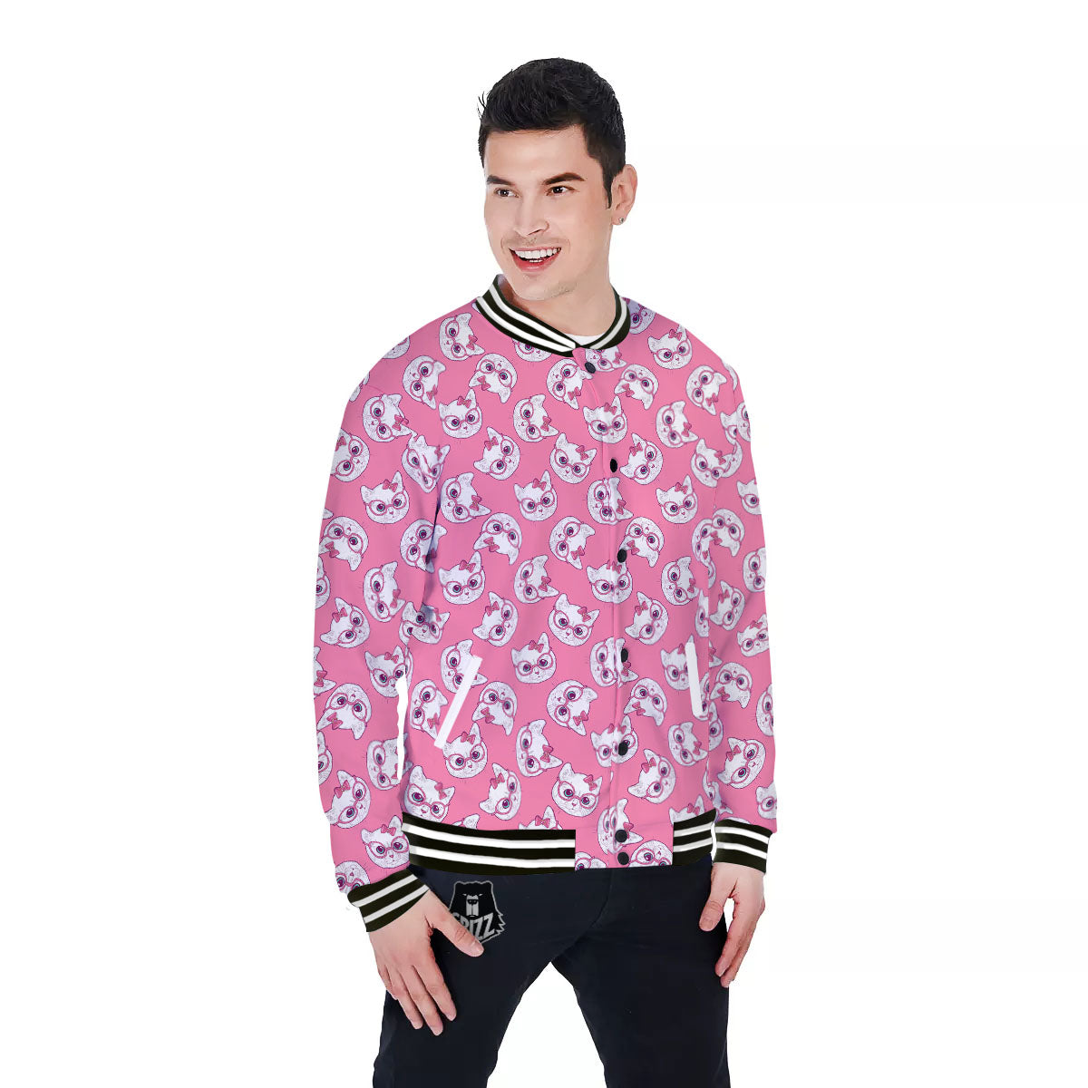 Girly Cat With Glasses Print Pattern Baseball Jacket-grizzshop