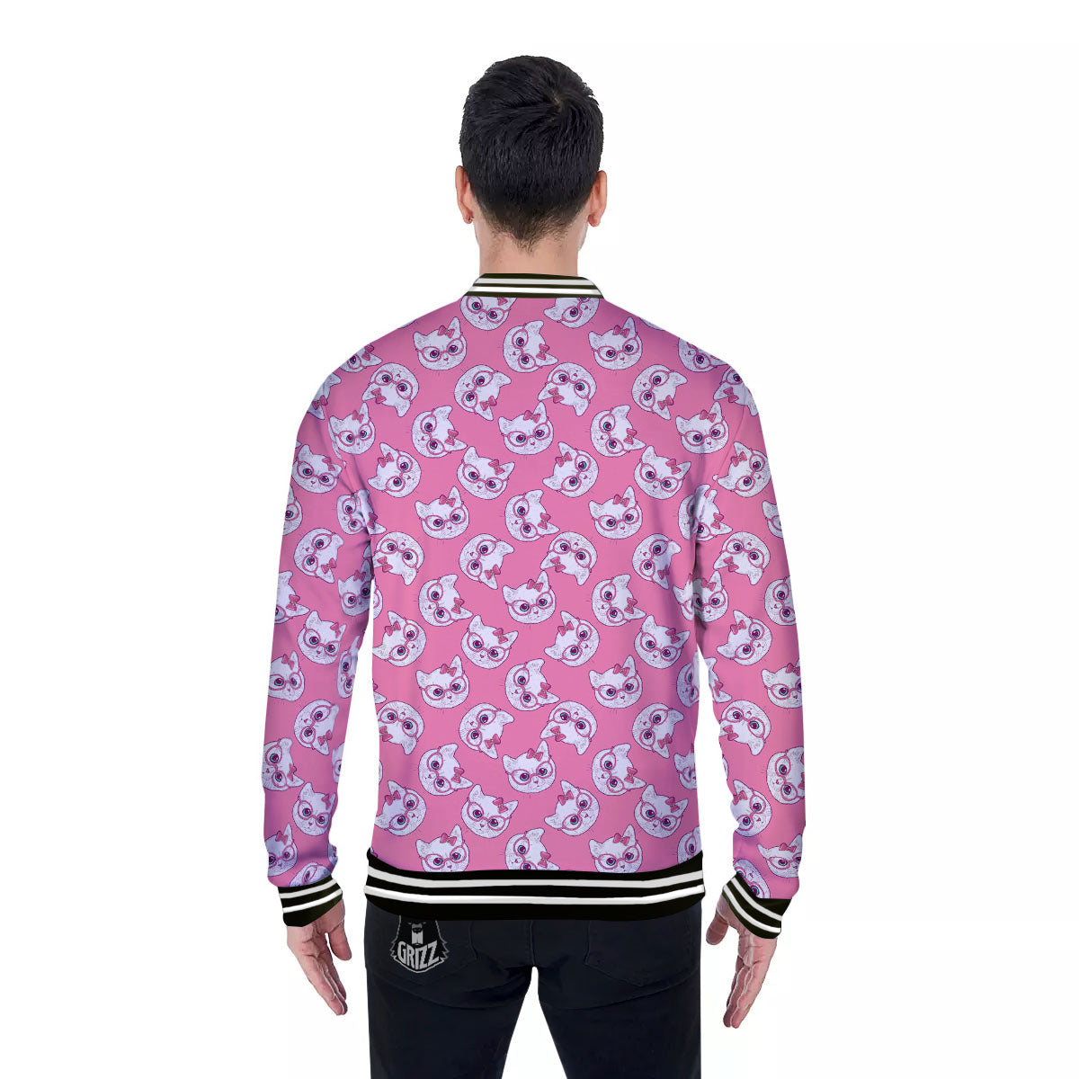 Girly Cat With Glasses Print Pattern Baseball Jacket-grizzshop