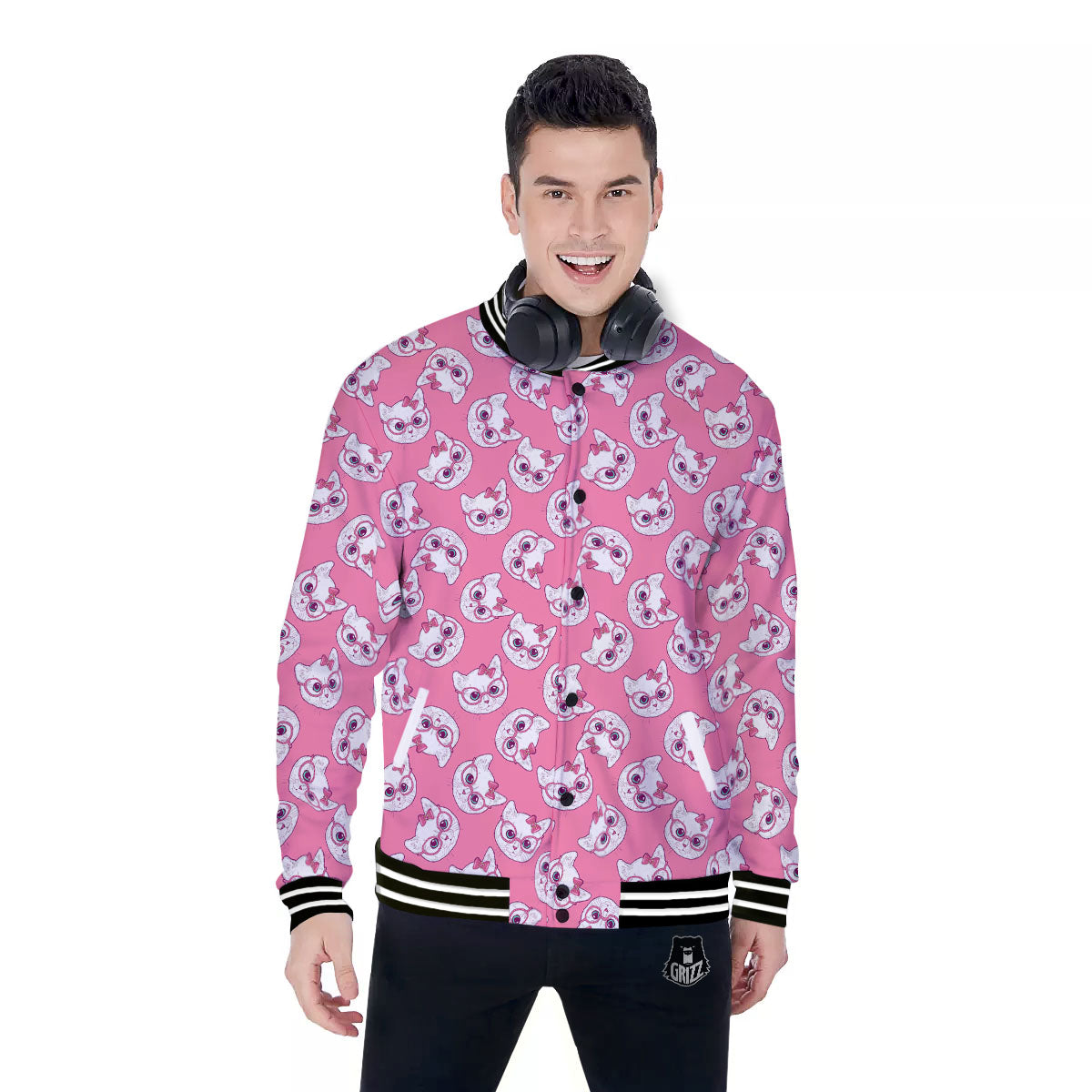 Girly Cat With Glasses Print Pattern Baseball Jacket-grizzshop