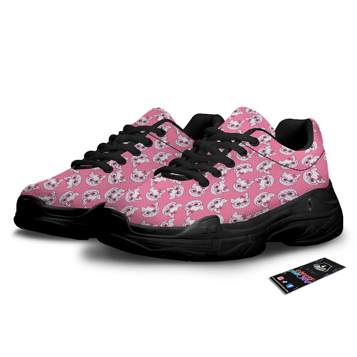 Girly Cat With Glasses Print Pattern Black Chunky Shoes-grizzshop