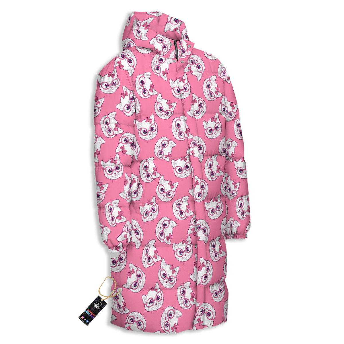 Girly Cat With Glasses Print Pattern Long Down Jacket-grizzshop