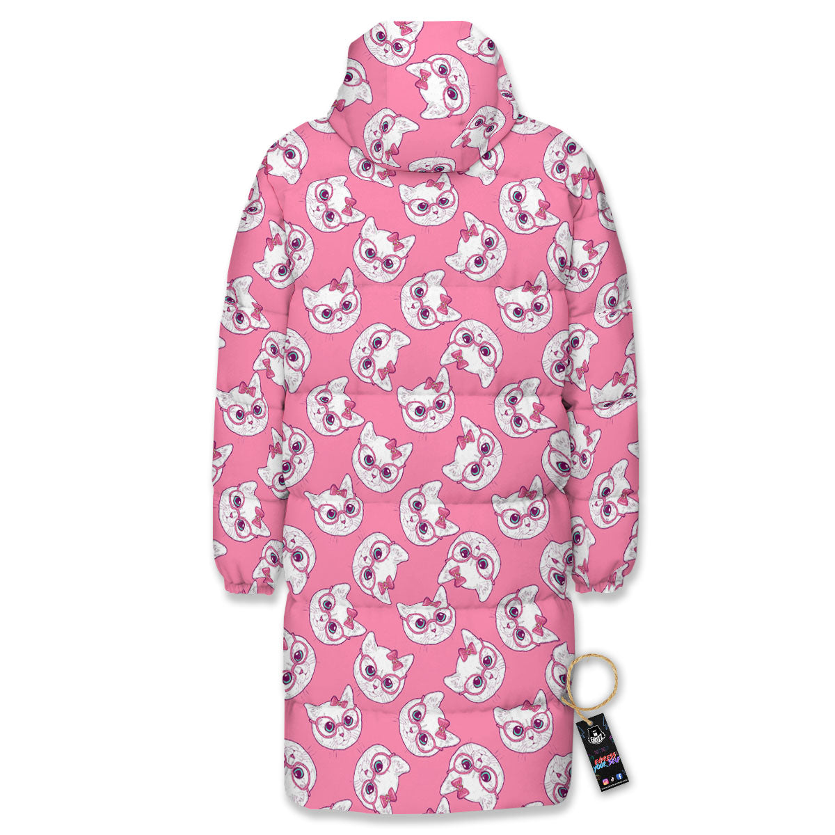 Girly Cat With Glasses Print Pattern Long Down Jacket-grizzshop