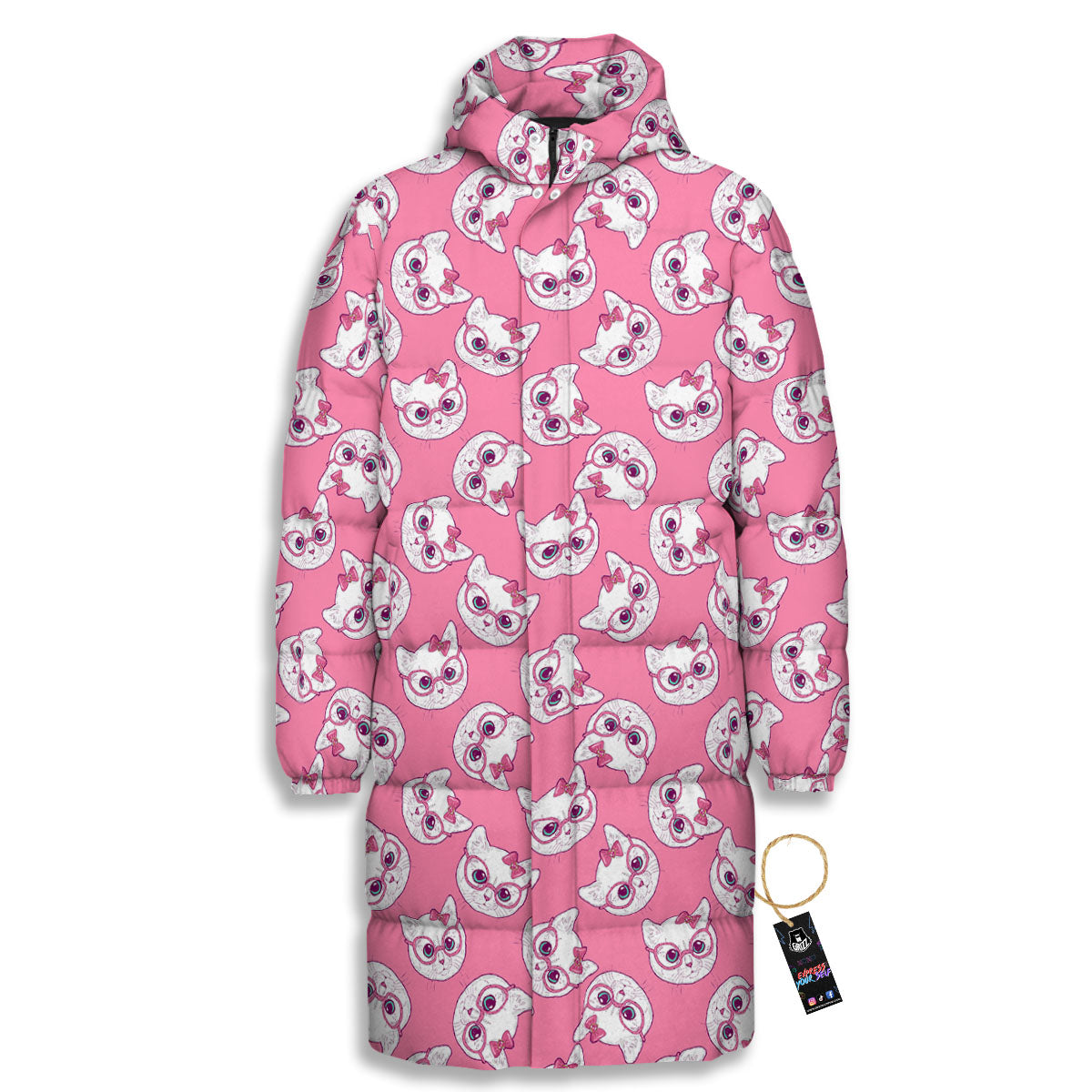 Girly Cat With Glasses Print Pattern Long Down Jacket-grizzshop