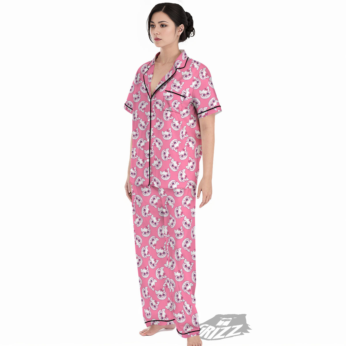 Girly Cat With Glasses Print Pattern Women's Pajamas Set-grizzshop