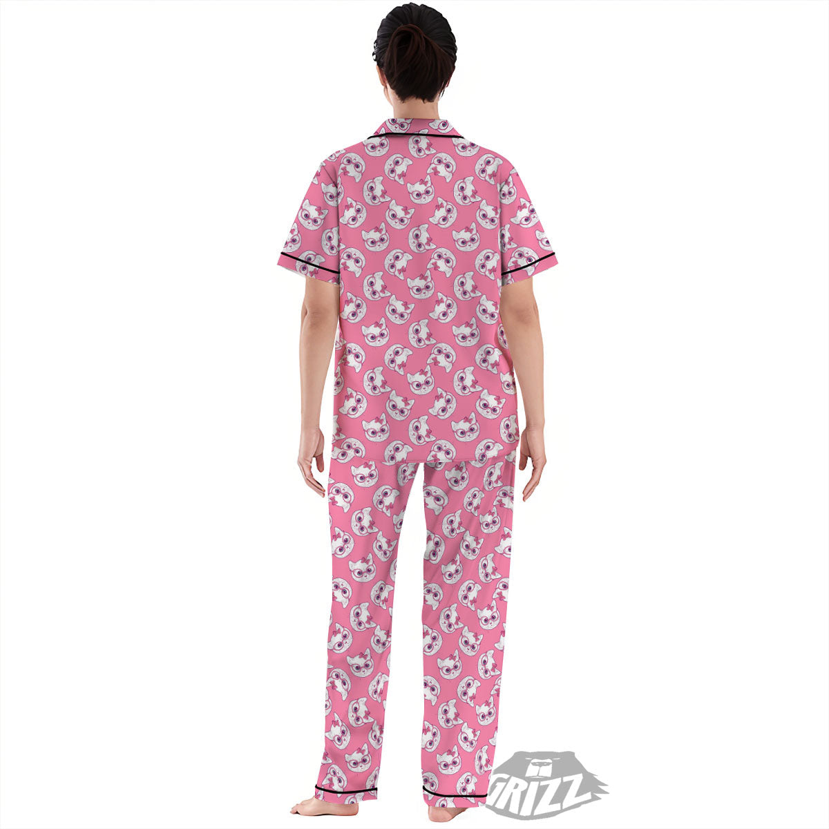 Girly Cat With Glasses Print Pattern Women's Pajamas Set-grizzshop