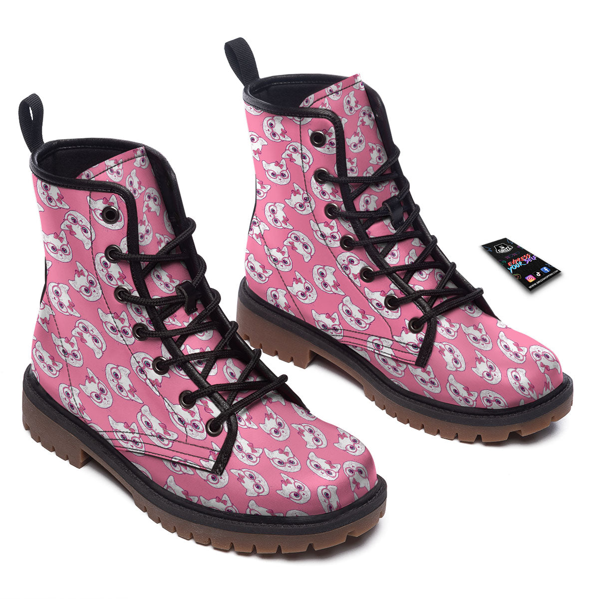 Girly Cat With Glasses Print Pattern Work Boots-grizzshop
