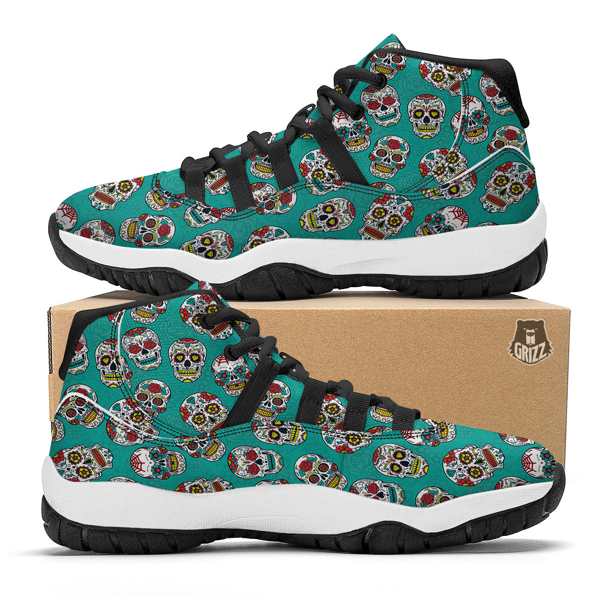 Girly Floral Rose Sugar Skull Skeleton Pattern Print Black Bball Shoes-grizzshop