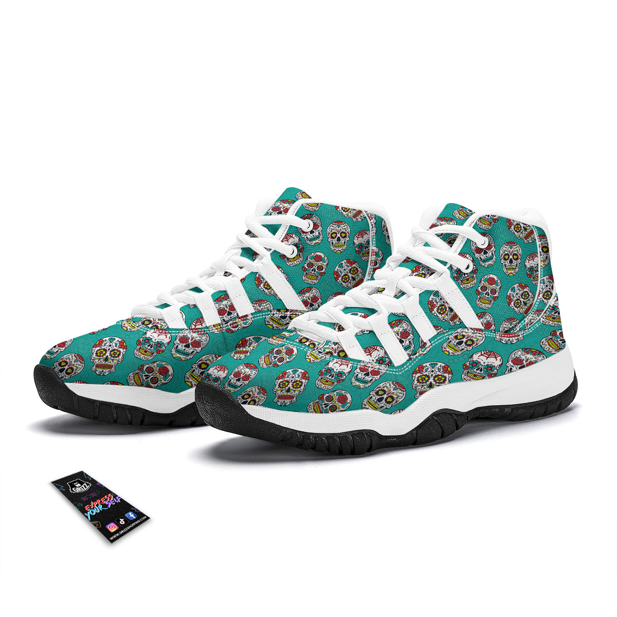 Girly Floral Rose Sugar Skull Skeleton Pattern Print White Bball Shoes-grizzshop