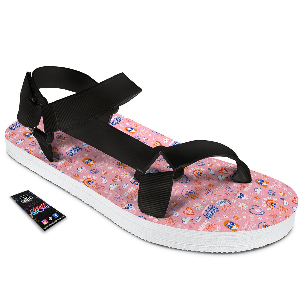 Girly Love And Peace Sign Print Pattern Black Open Toe Sandals-grizzshop