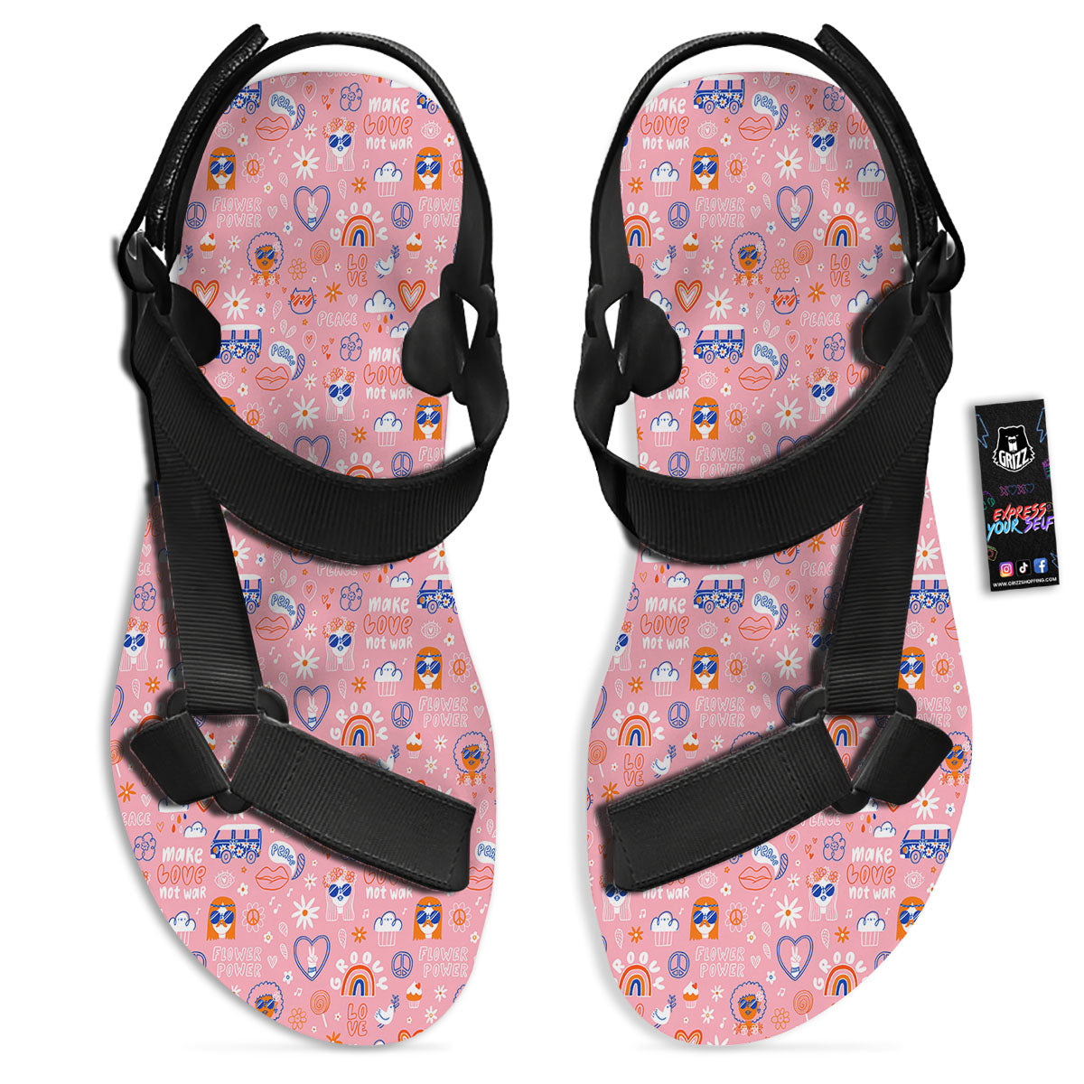 Girly Love And Peace Sign Print Pattern Black Open Toe Sandals-grizzshop