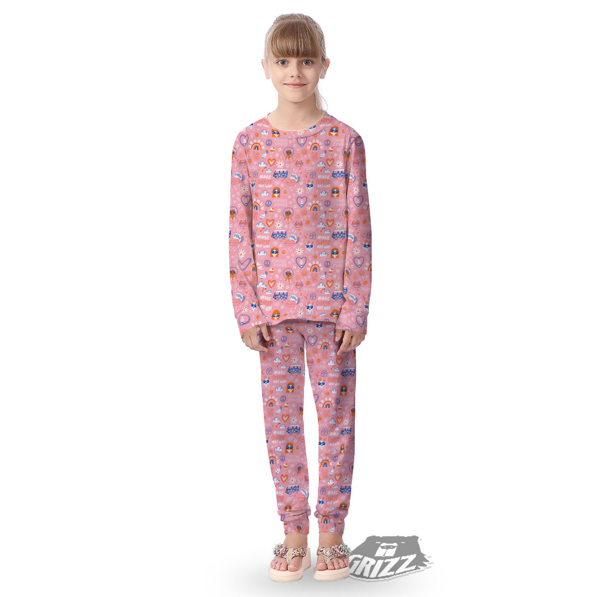 Girly Love And Peace Sign Print Pattern Kid's Pajamas-grizzshop