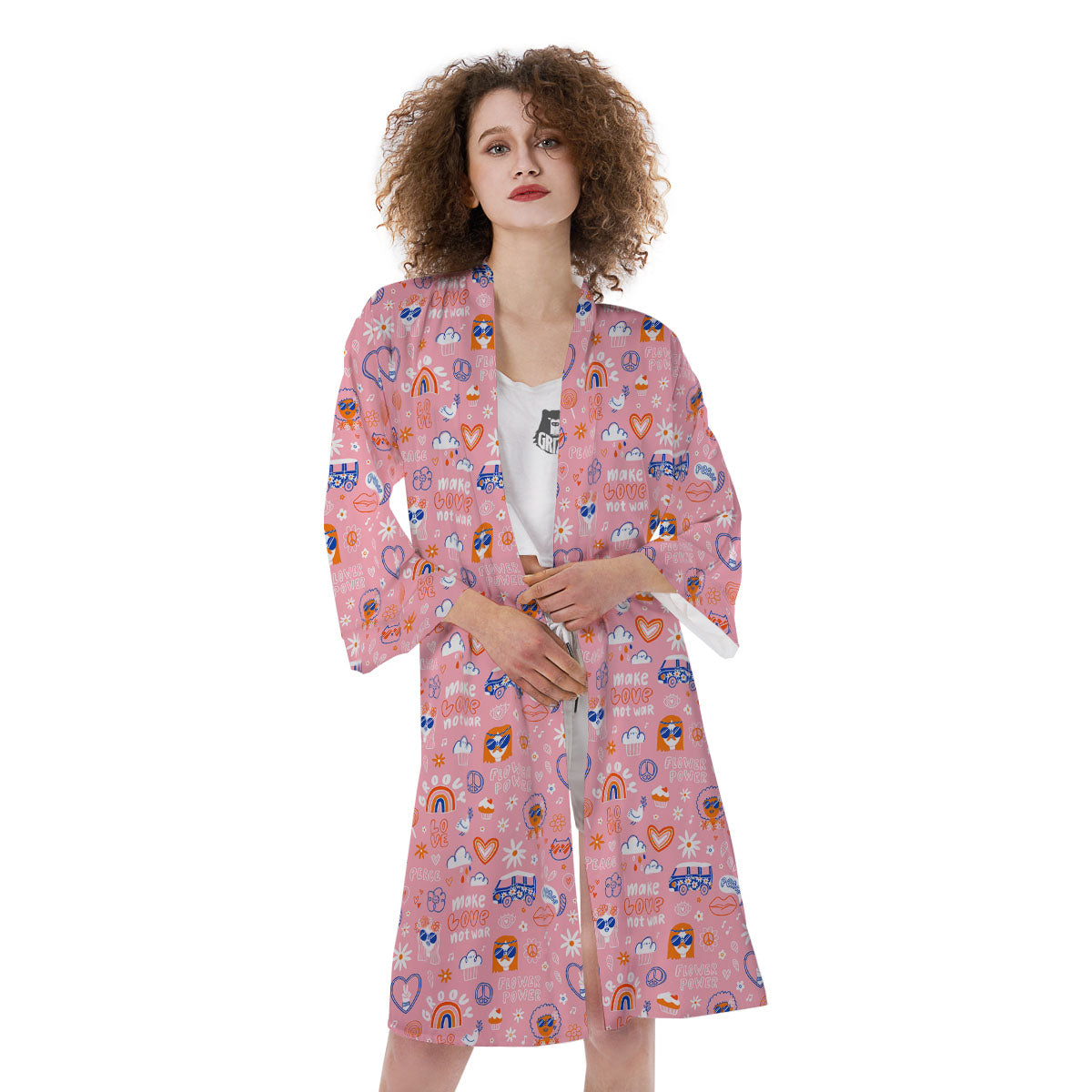 Girly Love And Peace Sign Print Pattern Kimono-grizzshop