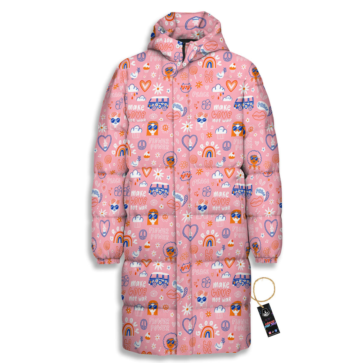 Girly Love And Peace Sign Print Pattern Long Down Jacket-grizzshop