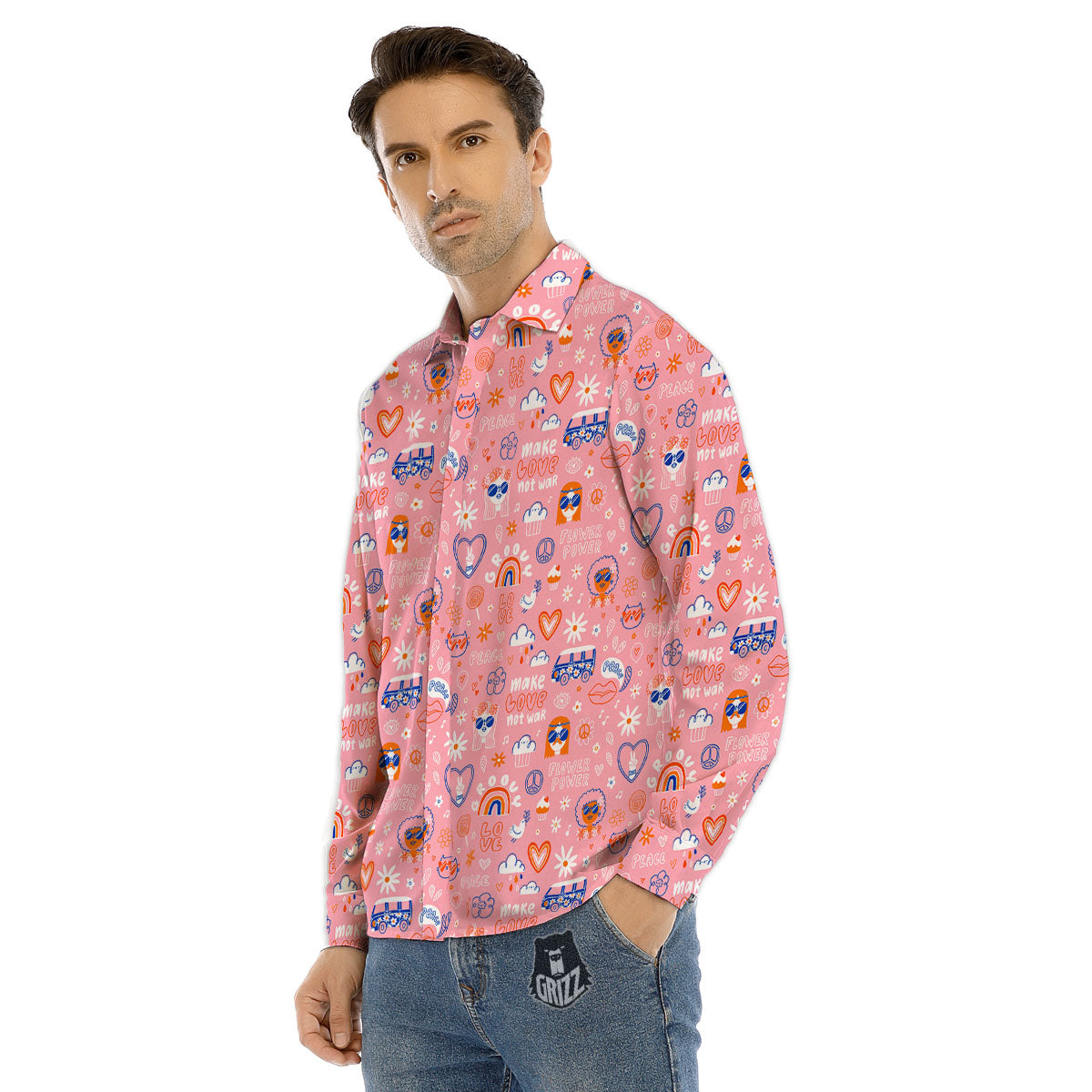 Girly Love And Peace Sign Print Pattern Men's Dress Shirts-grizzshop