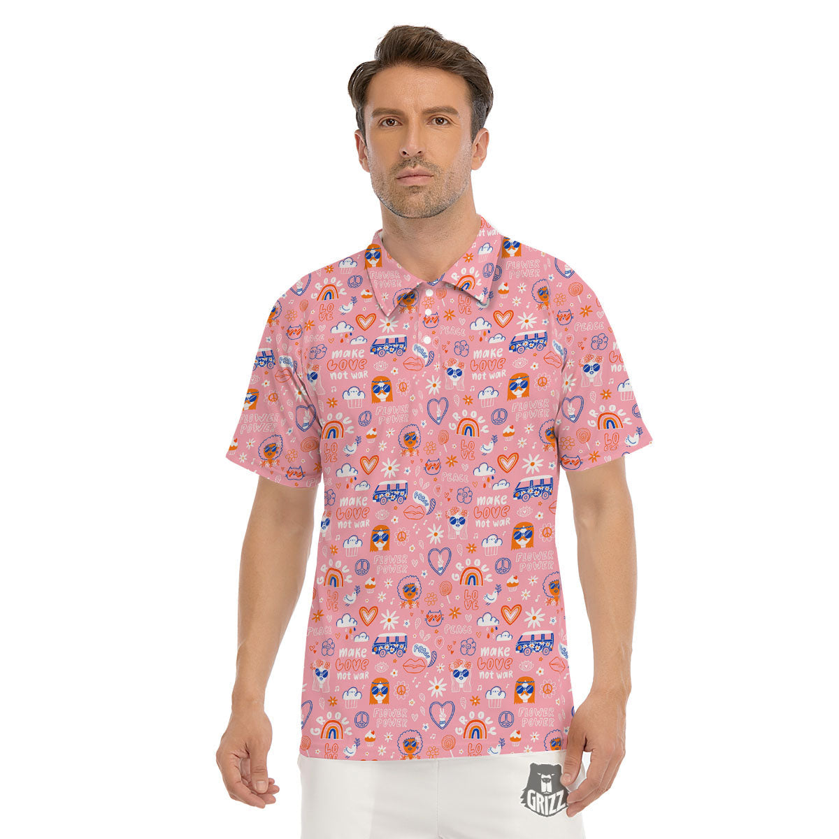 Girly Love And Peace Sign Print Pattern Men's Golf Shirts-grizzshop