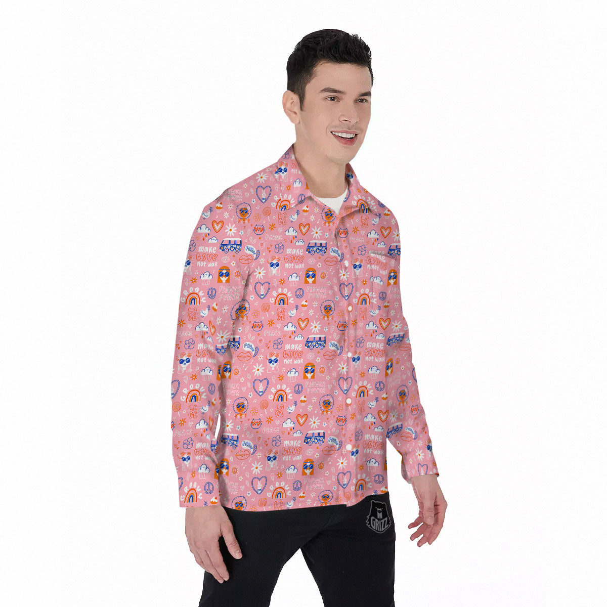 Girly Love And Peace Sign Print Pattern Men's Long Sleeve Shirts-grizzshop