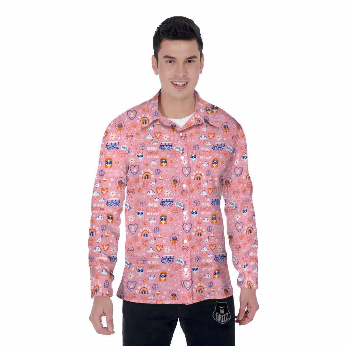Girly Love And Peace Sign Print Pattern Men's Long Sleeve Shirts-grizzshop