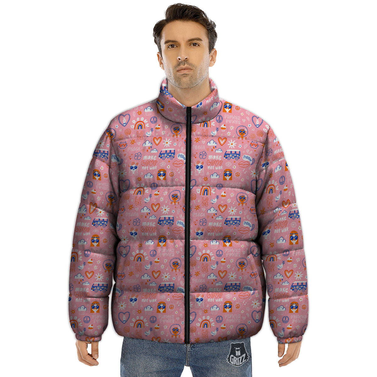 Girly Love And Peace Sign Print Pattern Puffer Jacket-grizzshop
