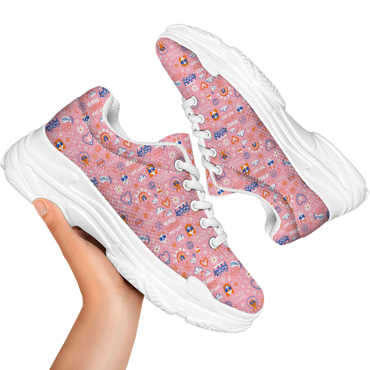 Girly Love And Peace Sign Print Pattern White Chunky Shoes-grizzshop