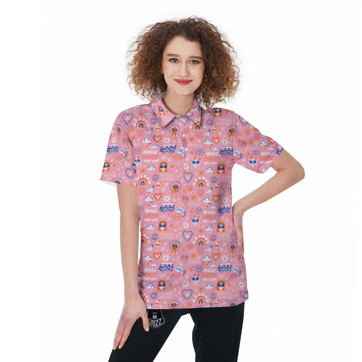 Girly Love And Peace Sign Print Pattern Women's Golf Shirts-grizzshop