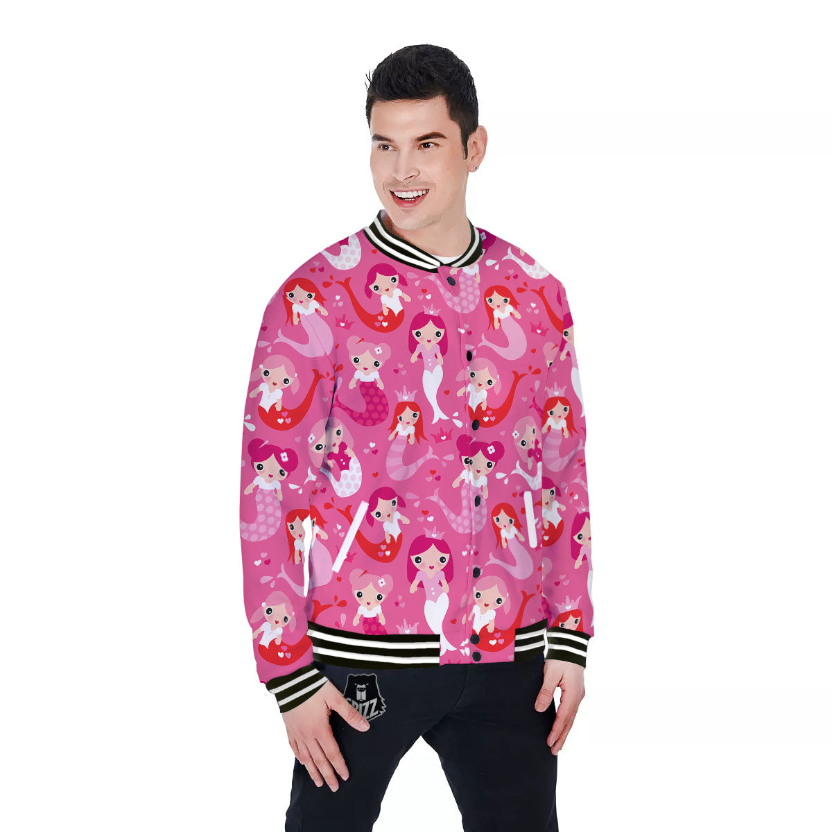 Girly Mermaid Pink Print Pattern Baseball Jacket-grizzshop