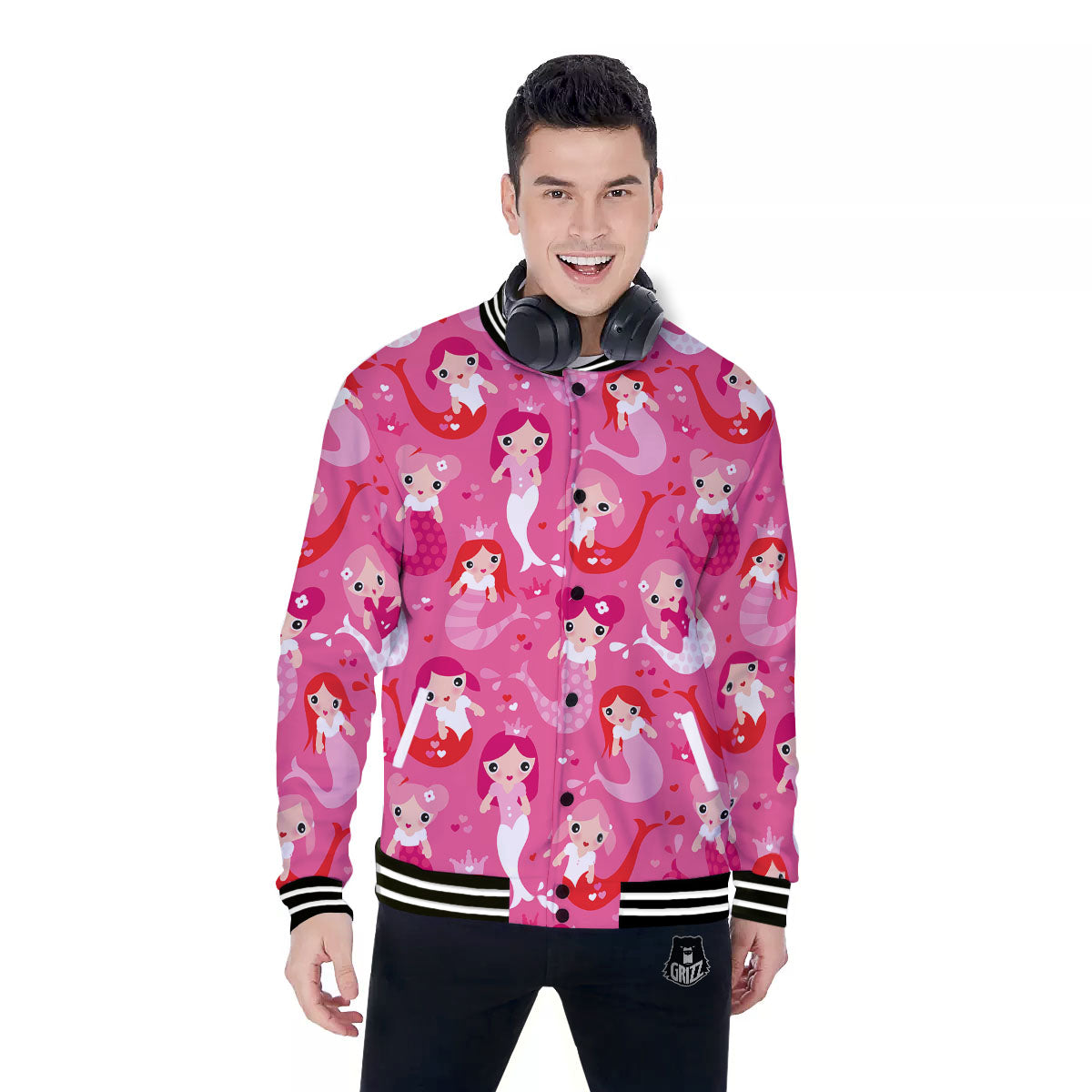 Girly Mermaid Pink Print Pattern Baseball Jacket-grizzshop