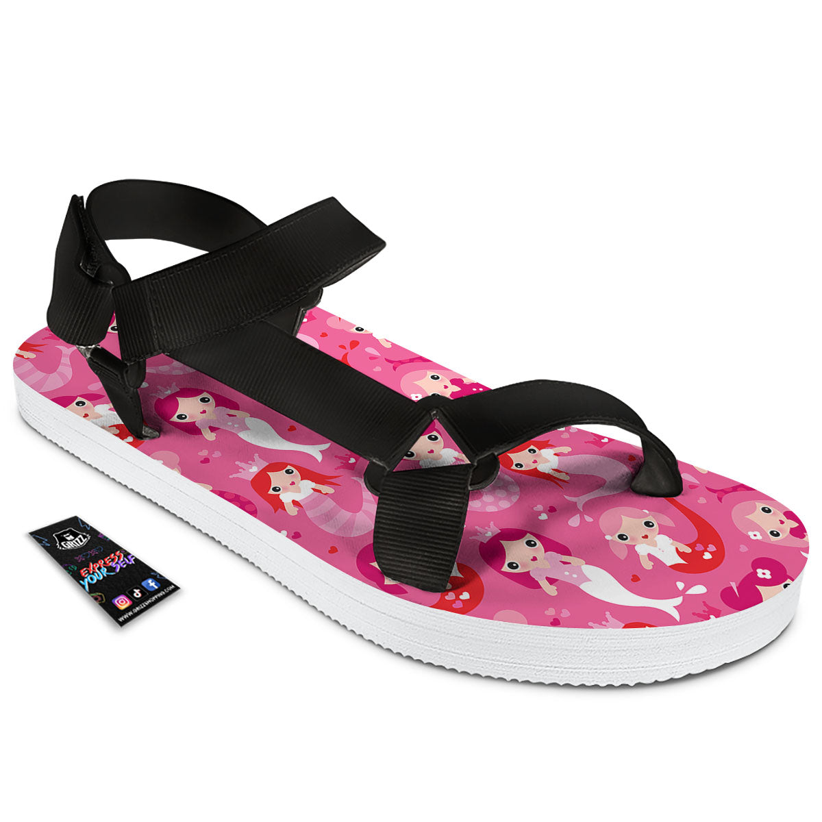 Girly Mermaid Pink Print Pattern Black Open Toe Sandals-grizzshop