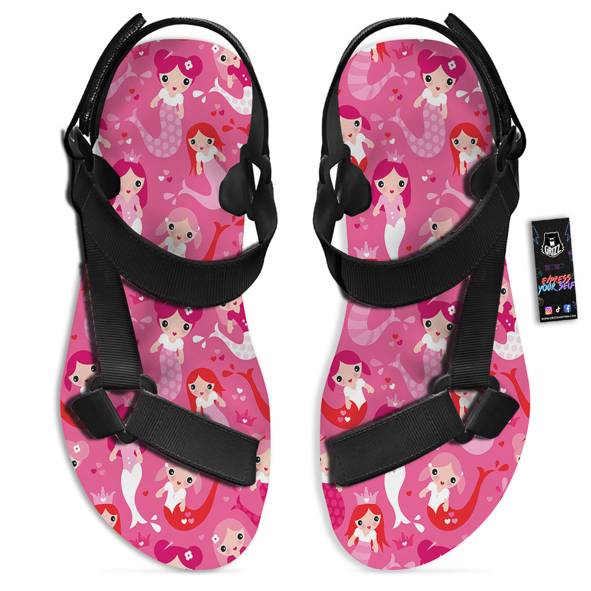 Girly Mermaid Pink Print Pattern Black Open Toe Sandals-grizzshop