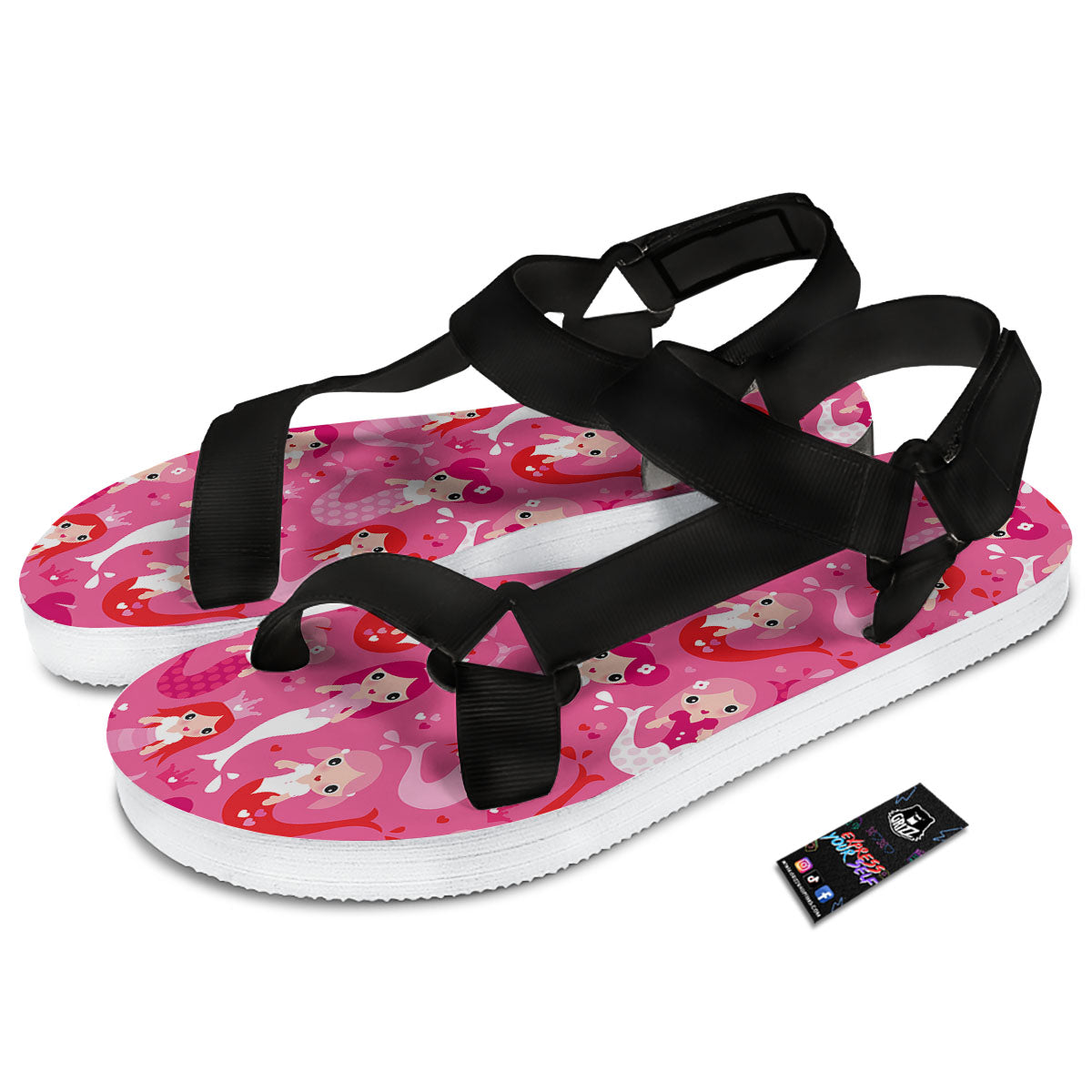 Girly Mermaid Pink Print Pattern Black Open Toe Sandals-grizzshop