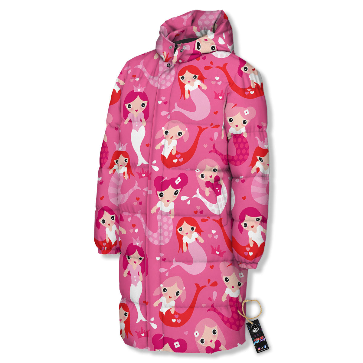 Girly Mermaid Pink Print Pattern Long Down Jacket-grizzshop